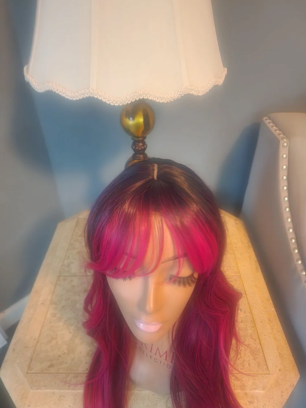 Vibrant Pink/red Ombre Women’s Wig with Curtain Bangs